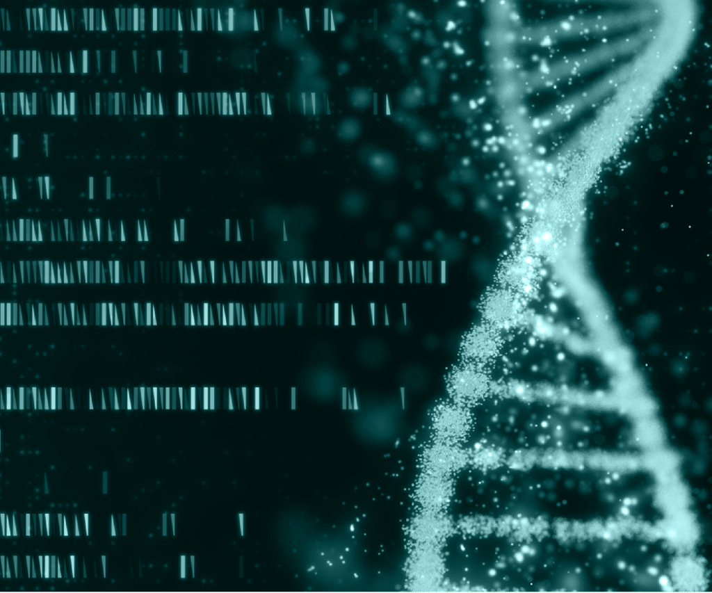 A digital illustration of a glowing DNA strand next to a representation of sequencing data bands.