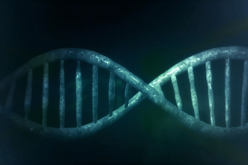A close-up, digital rendering of a DNA double helix.