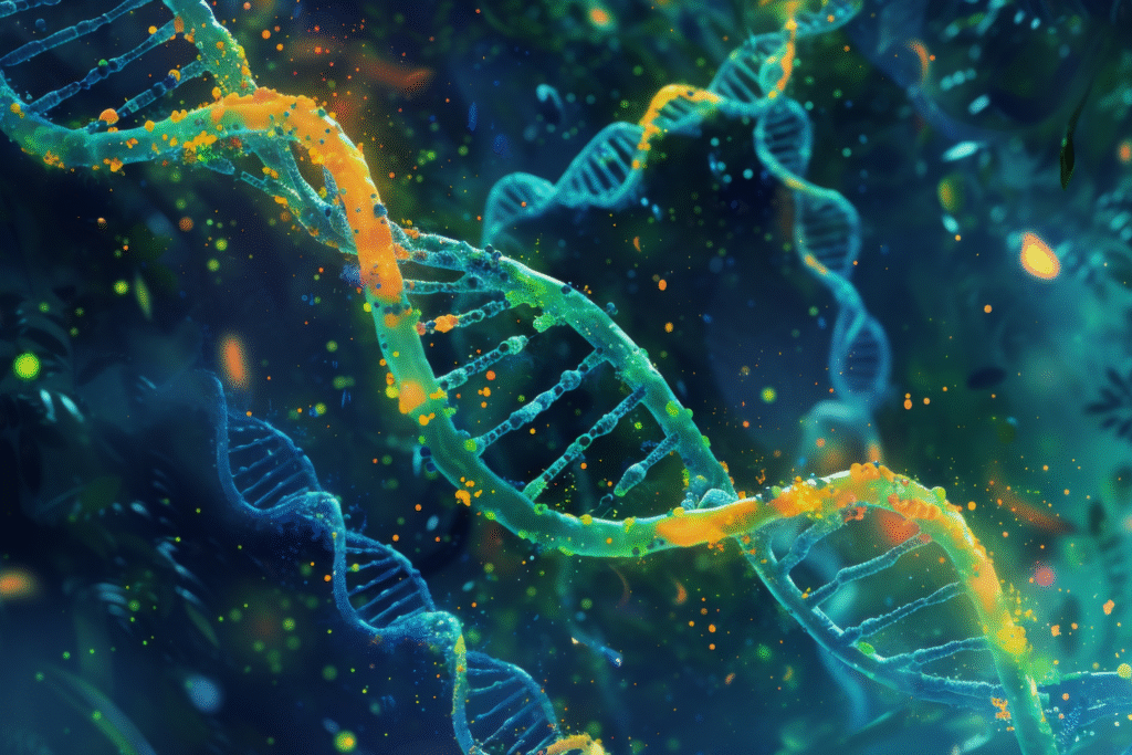 Abstract DNA double helix with glowing data points in a biological background