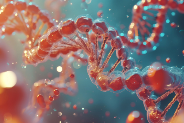 A vibrant, close-up, and stylized 3D rendering of a DNA double helix in a dark, atmospheric setting. The helix is composed of glowing blue and purple strands, with smaller, sparkling particles surrounding it, creating a sense of depth and a futuristic, technological aesthetic.