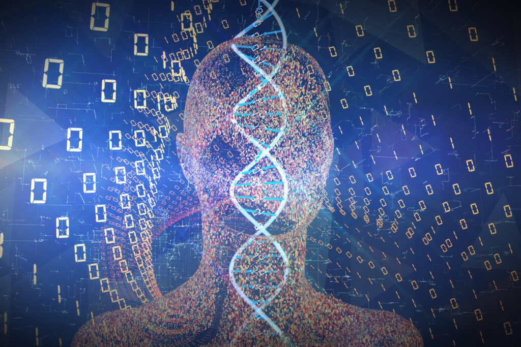 Digital human figure with DNA strand and binary code representing genetic data and artificial intelligence.