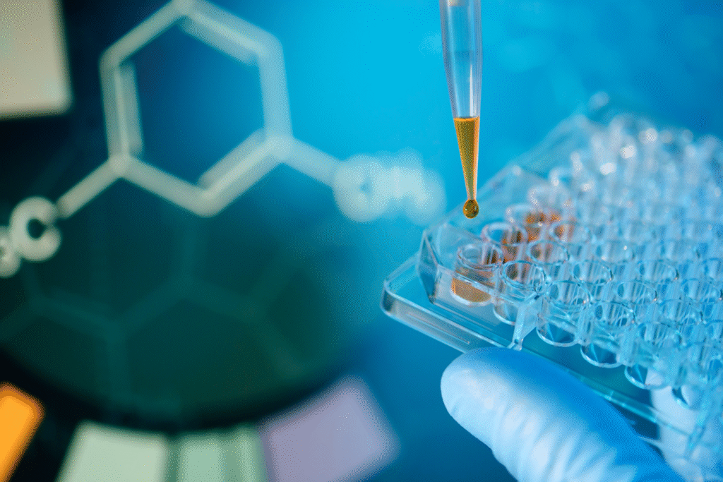 A laboratory scientist using a pipette to add a liquid sample to a multi-well plate, with a chemical structure in the background.