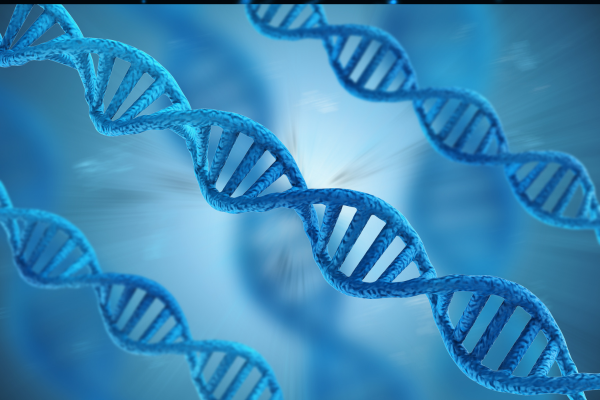 A 3D rendered image of a DNA double helix strand, colored in light blue, against a vibrant turquoise background. Small red spheres are floating around the helix.