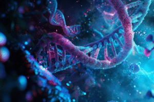 A vibrant, close-up, and stylized 3D rendering of a DNA double helix in a dark, atmospheric setting. The helix is composed of glowing blue and purple strands, with smaller, sparkling particles surrounding it, creating a sense of depth and a futuristic, technological aesthetic.