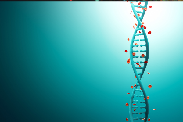 A 3D rendered image of a DNA double helix strand, colored in light blue, against a vibrant turquoise background. Small red spheres are floating around the helix.