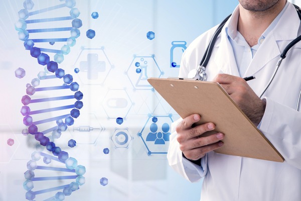 Doctor holding a clipboard with DNA helix and medical technology icons in the background