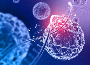 Illustration of 3D genome mapping showing DNA strands interacting with cancer cells, highlighting chromatin structure and gene expression.