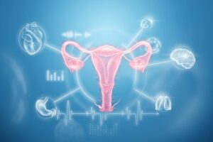A glowing, stylized illustration of a female reproductive system with interconnected organs.