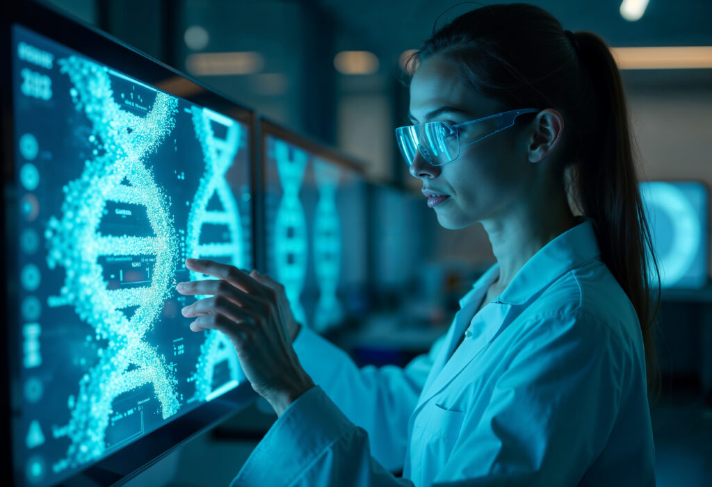 A young female scientist in a lab coat and safety glasses, with her hair in a ponytail, looking intently and gesturing towards a large, glowing blue screen displaying a detailed 3D rendering of a DNA double helix.