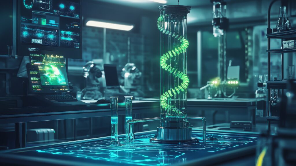A futuristic laboratory with glowing green and blue neon lights, showcasing advanced scientific equipment.
