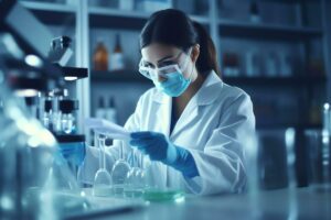 Female scientist conducting laboratory research with protective gear, reviewing test results in a modern lab.