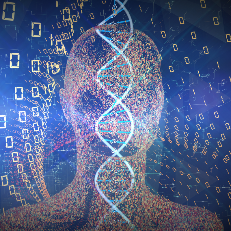 Digital human figure with DNA strand and binary code representing genetic data and artificial intelligence.